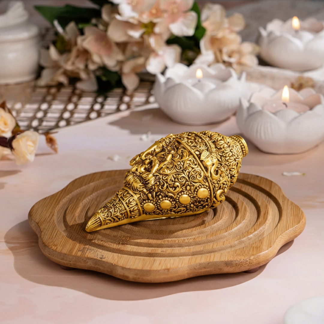 Ganesha Carving Shankh Showpiece(Golden Antique)