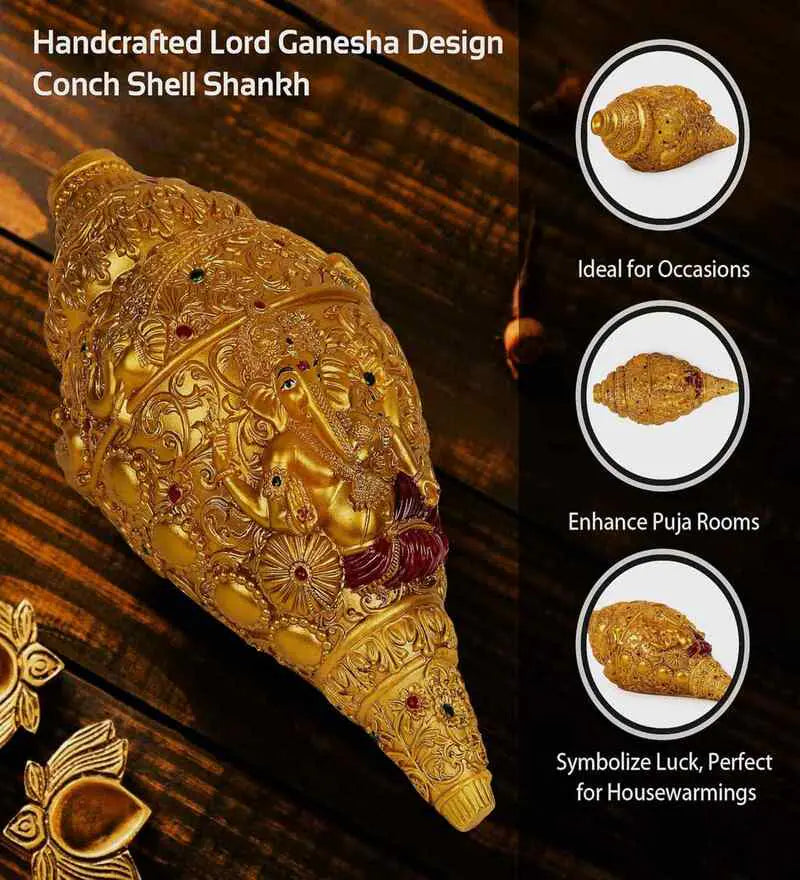 Ganesha Carving Shankh Showpiece(Golden Antique)