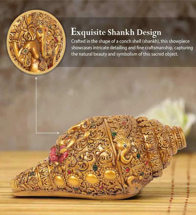Ganesha Carving Shankh Showpiece(Golden Antique)